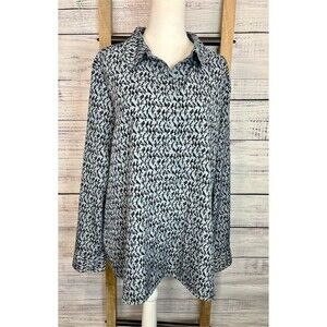 Ann Taylor Blouse Womens XL Light Blue Black Bird Print 4 Button Front, Roll Tab